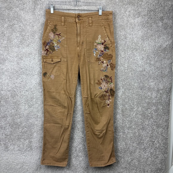 Anthropologie Pants - Anthropologie The Wanderer Beaded Flower Embroidered Brown Pants Size 28